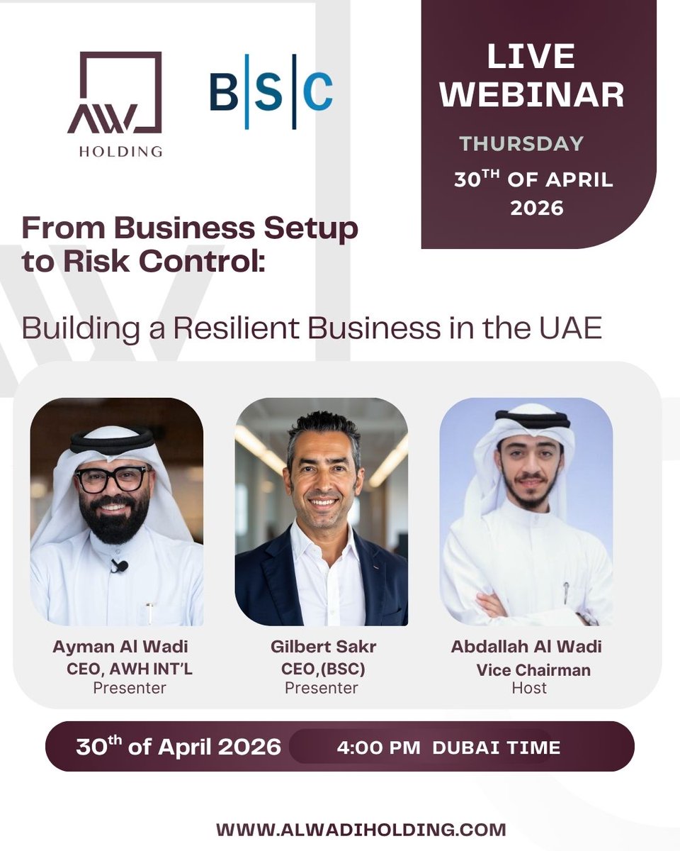 _BusinessSetup_'s tweet photo. Business Setup Consultants ( BSC) is pleased to be part of an insightful webinar featuring

“From Business Setup to Risk Control: Building a Resilient Business in the UAE.”

📅 30 April 2026 | ⏰ 4:00 PM (Dubai Time)

👉 For registration check : https://t.co/lEff1V9nOr https://t.co/1D50zzn3cp
