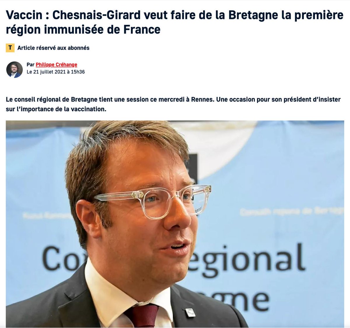 NiONiPardon's tweet image. 07/2021 Loïg Chesnais-Girard, président du conseil régional de Bretagne. Le conseil régional tient une session à Rennes. Une occasion pour le président du Conseil de formuler un vœu pour les semaines à venir : faire de la Bretagne « la première région de France à atteindre