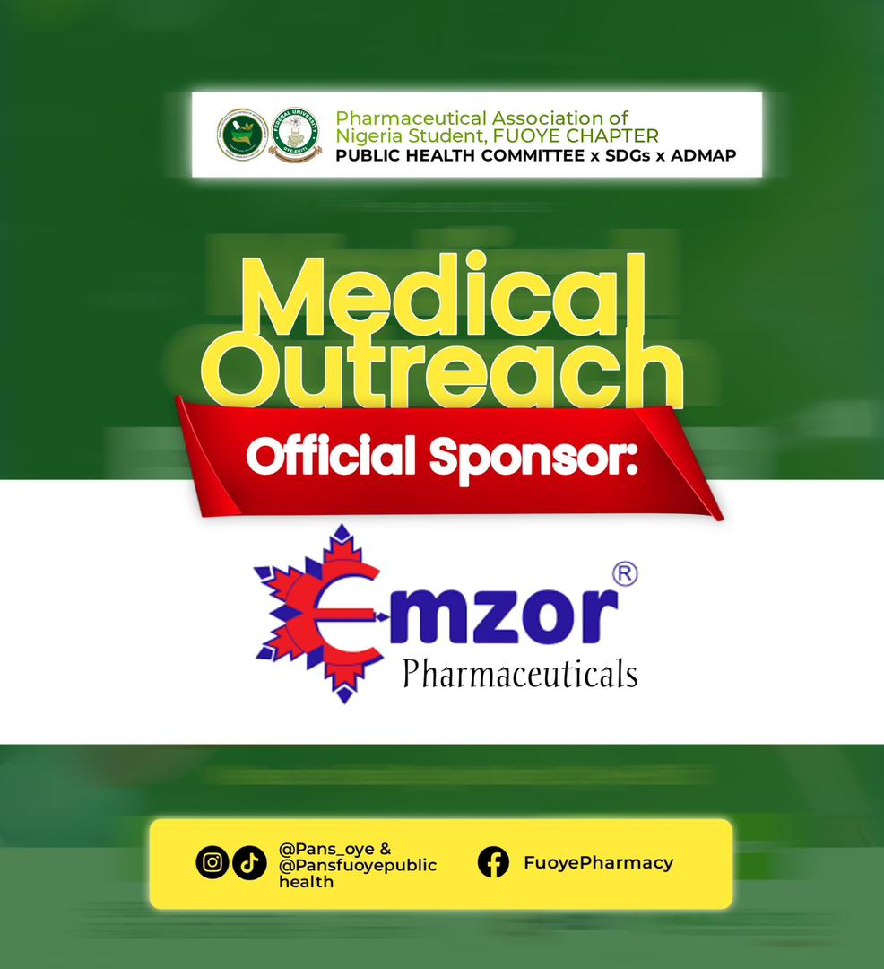 Pans_oye's tweet photo. EMZOR x PANS FUOYE

PANS FUOYE proudly recognizes Emzor Pharmaceuticals as an Official Sponsor of our World Malaria Day 2026 Medical Outreach in Oye-Ekiti.
Together, we advance quality healthcare and fight malaria.
#WorldMalariaDay #PANSFUOYE #Emzor https://t.co/E1Q28cDQta
