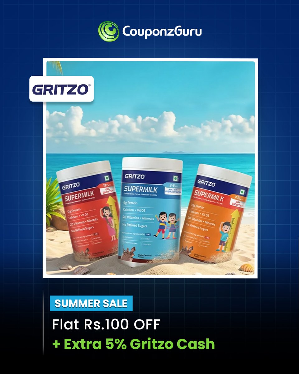couponzguru's tweet image. Summer Sale !!
Avail Upto 20% Off On Nutrition Products.
Enjoy An Additional Rs.100 Off On Supermilk.
Claim Extra 5% Gritzo Cash On Prepaid Orders.

Checkout CouponzGuru To Avail The Offer.

#nutrition #kids #offers #CouponzGuru #15yearsofcouponzguru #cgturns15