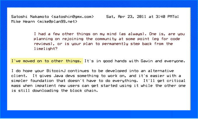 sirSmarthMoney's tweet photo. Satoshi Nakamoto: há 15 anos hoje, sua última mensagem pública. https://t.co/eWbUpdzLHh
