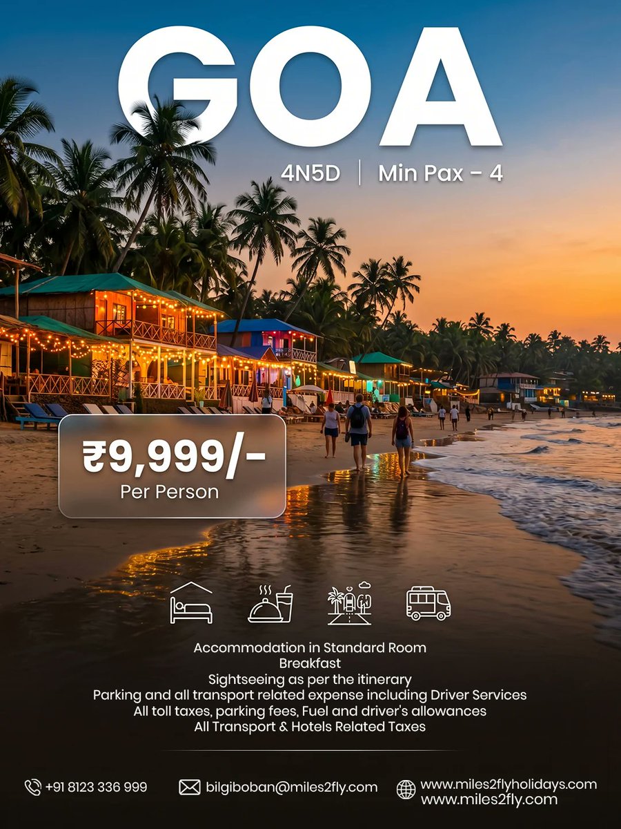 miles2fly_in's tweet image. Goa calling 🌴✨

4N/5D @ ₹9,999 pp (Min. 4 Pax)
Stay + Breakfast | Sightseeing | Transport | All taxes
Relax. Explore. Repeat 🌊
📞 +91 8123 336 999 | 📩 DM now
#GoaGetaway #TravelIndia #BeachVacation #HolidayDeals