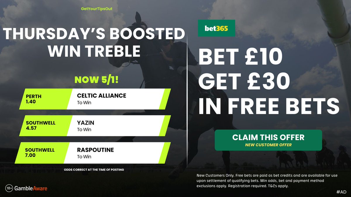 GetYourTipsOut's tweet image. CAN WE LAND THE HAT-TRICK?

5/1 BOOSTED TREBLE 🔋

Claim BOOST here bit.ly/HattrickBOOST

Bet £10 &amp;amp; Get £30 bit.ly/365NewSignUp

#ad 18+ GambleAware.org