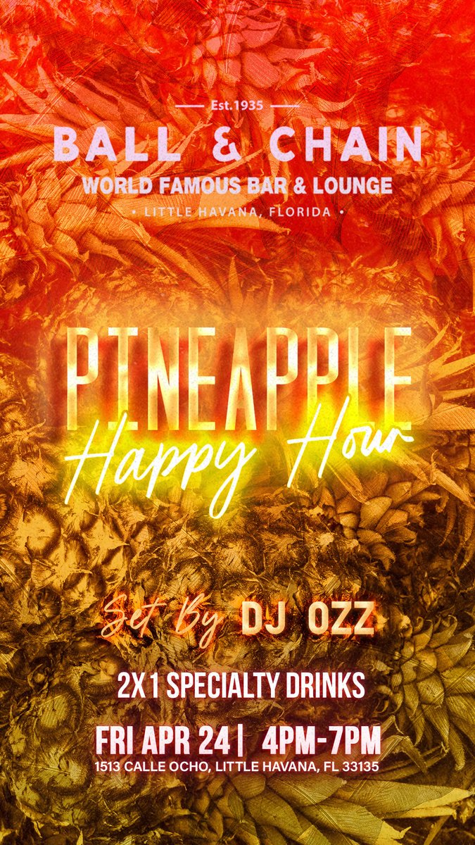 BallAndChainBar's tweet image. TODAY: #LiveMusic noon to 9 p.m., #HappyHour 4 to 7, then #SalsaNight ft. @DJElRusso, 8 and a FREE #SalsaLesson, 9

TOMORROW: Pineapple Happy Hour, then @MiamiBoheme Night with DJ Ozz + #LiveMusic by Julio Montalvan, 8

#supportlocal ballandchainmiami.com
🍍💚