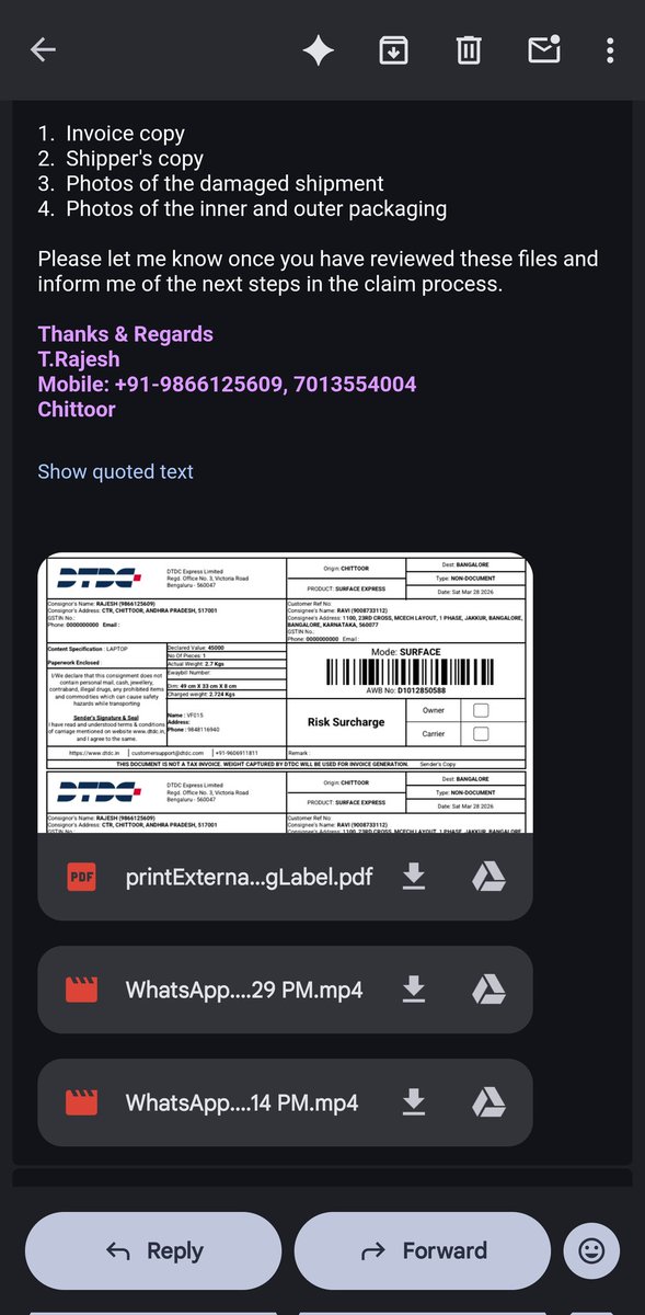 thanerurajesh's tweet image. Sharing email proof of continuous follow-ups with no resolution.
@DTDCIndia please take this seriously and provide a timeline immediately.
#DTDC #CustomerServiceFailure