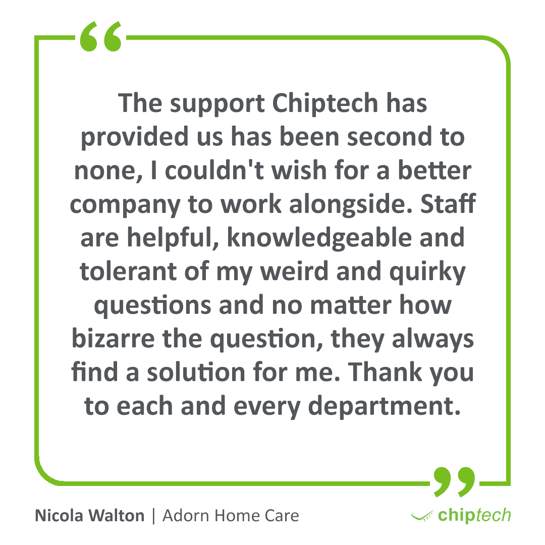 ChiptechUK's tweet photo. Thank you to Nicola Walton of Adorn Home Care for this quote 💚 

#Chiptech #TestimonialThursday https://t.co/89WYlq2U0G