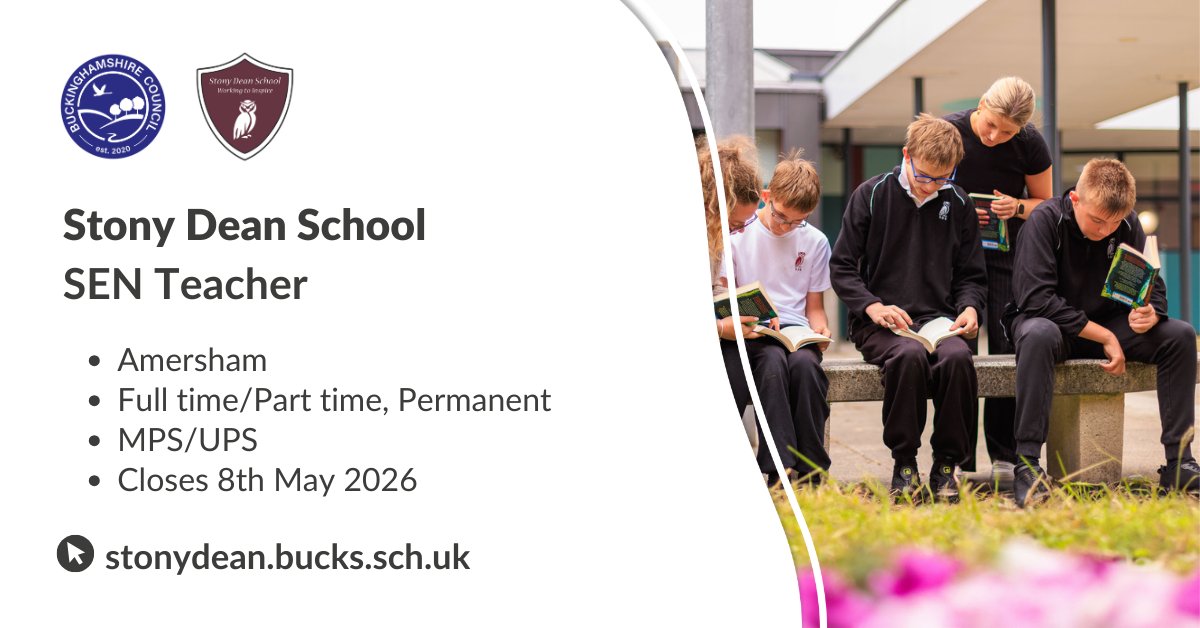 teachbucks's tweet image. Stony Dean School are looking to recruit a talented, kind and inspiring SEN Teacher to work with their experienced and caring team. Find out more here: ow.ly/p38Q50YOoFh

#Teacher #TeachingJobs #SENTeacher