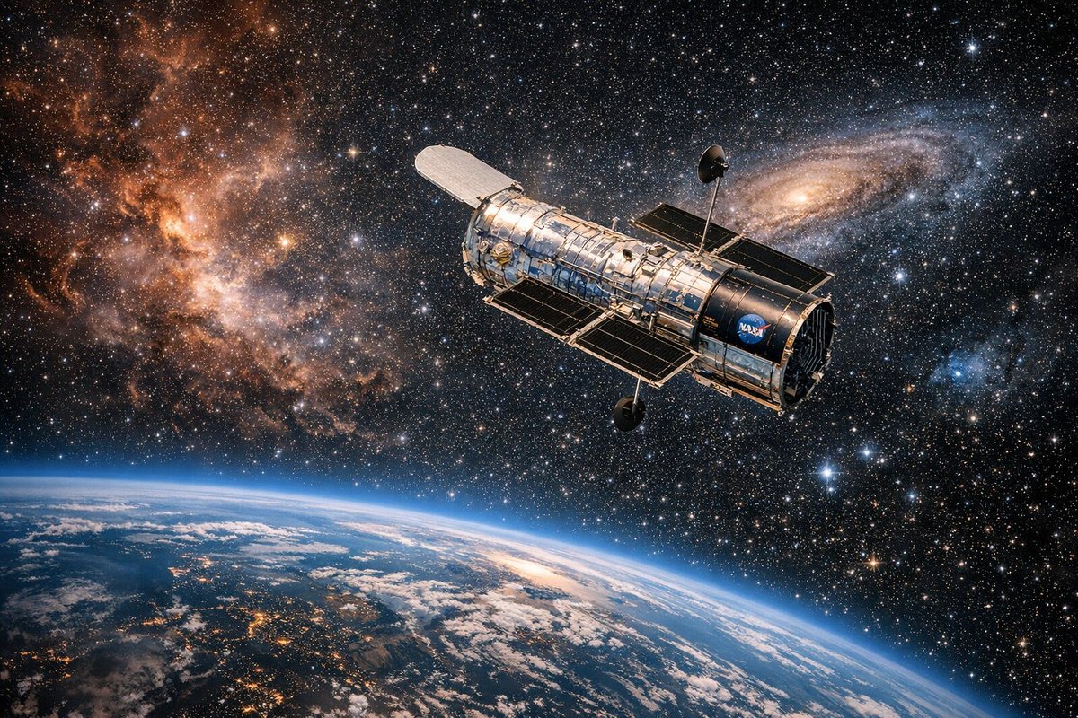 CopilotBanter's tweet photo. On April 23, 1990, NASA deployed the Hubble Space Telescope—opening humanity’s eyes to the cosmos and transforming our understanding of space. https://t.co/qeiK2tjjMc