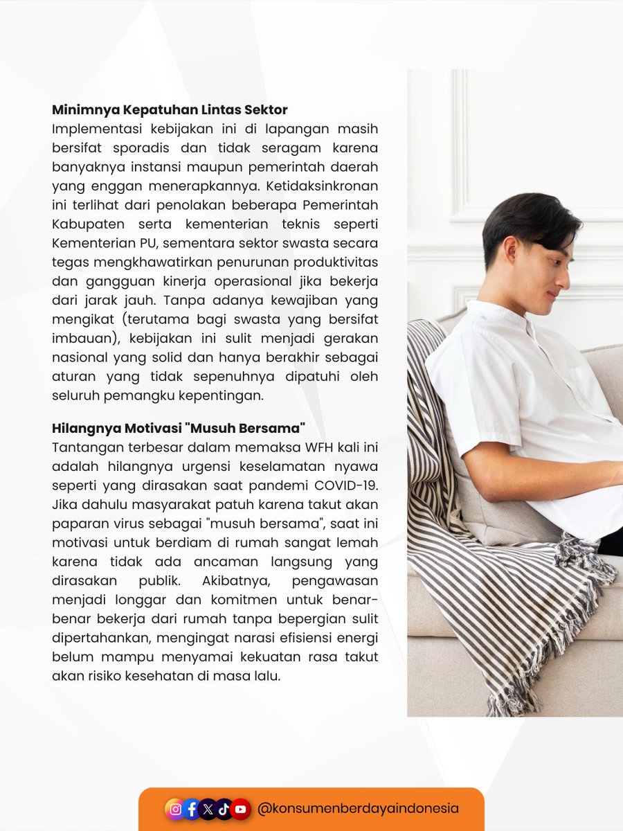 KonsumenBerdaya's tweet image. WFH tiap Jumat katanya buat hemat energi &amp;amp; BBM ⚡⛽ Tapi kok malah berpotensi bikin orang traveling, mudik, atau liburan? 🤔✈️ Kebijakan jadi terasa ambigu… Tanpa konsistensi &amp;amp; contoh nyata dari atas, WFH bisa cuma jadi “omon-omon” 😶

#WFH #KebijakanPublik #EfisiensiEnergi