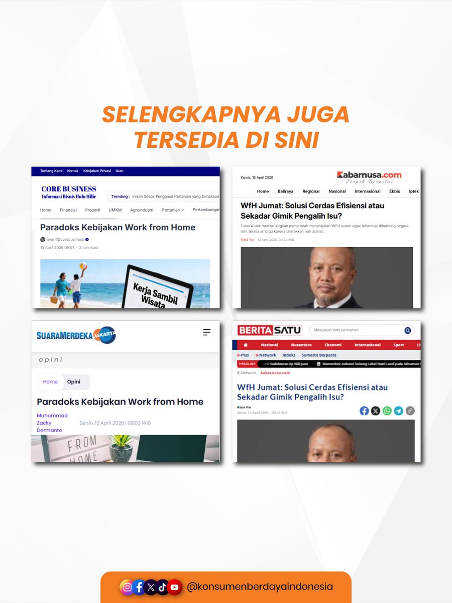 KonsumenBerdaya's tweet image. WFH tiap Jumat katanya buat hemat energi &amp;amp; BBM ⚡⛽ Tapi kok malah berpotensi bikin orang traveling, mudik, atau liburan? 🤔✈️ Kebijakan jadi terasa ambigu… Tanpa konsistensi &amp;amp; contoh nyata dari atas, WFH bisa cuma jadi “omon-omon” 😶

#WFH #KebijakanPublik #EfisiensiEnergi