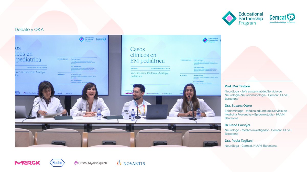 cemcat_em's tweet photo. Gracias al Dr. René Carvajal, la Dra. Paula Tagliani, la Dra. Susana Otero-Romero y a la Prof. Mar Tintoré por arrancar Casos clínicos en EM Pediátrica con una sesión muy práctica sobre vacunación en bebés expuestos a anticuerpos monoclonales. 

🔜 Seguimos el 8 de julio con: 🧠 Esclerosis Múltiple pediátrica: fenotipos clínicos de presentación y sus "mímics"🧠 
Con la Dra. Silvia Tenembaum y la Dra. Andrea Savransky (Hospital Nacional de Pediatría Garrahan, Buenos Aires). Modera: Prof. Mar Tintoré (Cemcat, HUVH).

🗓 15:30 - 16:30 h (CEST) | Online | Gratuita
➡️ https://t.co/2cY54c0BtU

#CCEMPed #EsclerosisMúltiple #NeuropediatríaEM