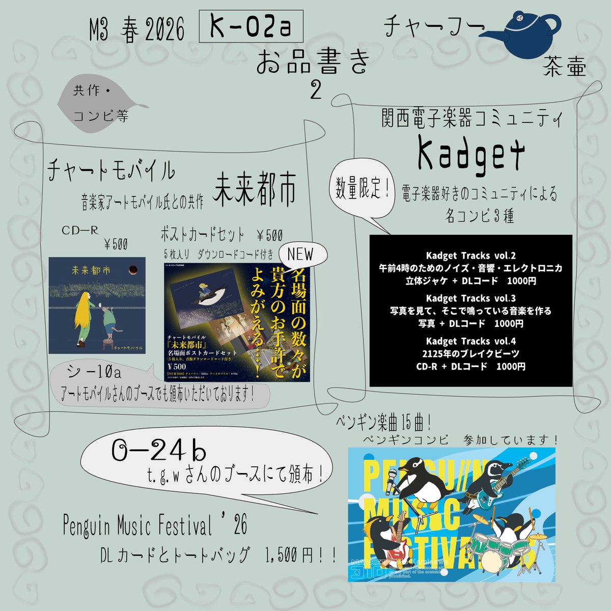cha2hu2's tweet photo. #M3春2026　出展します🎵
チャートモバイル「未来都市」のポストカードセット、ゆるく楽しく参加中の関西電子音楽コミュニティKadgetのコンピ3種、お持ちします！
t.g.wさん主催、話題のペンギンコンピにも参加させていただいてます！新譜あります！
ご試聴だけでも大歓迎✨お待ちしています！ https://t.co/o5vANSwHTs