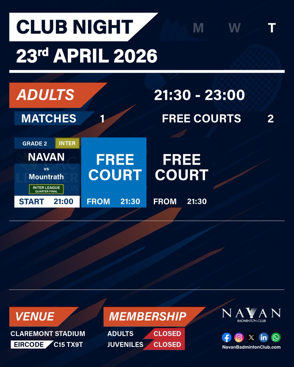 NavanBC's tweet photo. It's #World Lab Day &amp; our lab at @ClaremontNavan is OPEN! Final home match of the season | #Navan v #Mountrath - G2 #Leinster Inter League. We've run the data. Us at home on #Thursday #ClubNight is a potent #formula!

Members, 2 COURTS free from 9:30pm! #Meath #Badminton #Ireland https://t.co/gPi2eReDlr