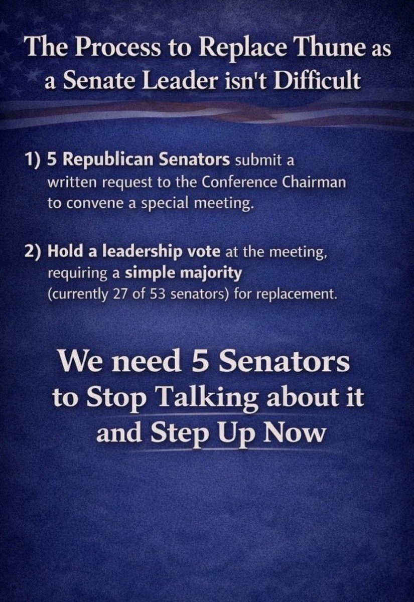 <a href="/BasedMikeLee/">Mike Lee</a> <a href="/dandinohill/">Dan Hill</a> <a href="/SenRickScott/">Rick Scott</a> Because you are not removing Thune!!! We aren’t stupid…get 4 other senators to start the process!  Lead with action not words!!