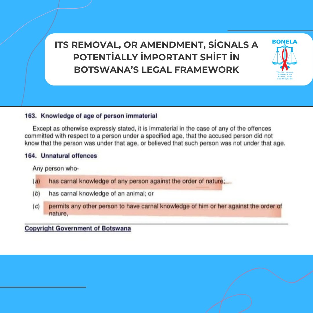 bonelaethics's tweet image. 𝐀𝐓𝐓𝐎𝐑𝐍𝐄𝐘 𝐆𝐄𝐍𝐄𝐑𝐀𝐋 𝐓𝐎 𝐃𝐄𝐋𝐄𝐓𝐄 𝐏𝐑𝐎𝐕𝐈𝐒𝐈𝐎𝐍𝐒 𝐎𝐅 𝐒𝐄𝐂𝐓𝐈𝐎𝐍 #𝟏𝟔𝟒 𝐎𝐅 𝐓𝐇𝐄 𝐏𝐄𝐍𝐀𝐋 𝐂𝐎𝐃𝐄 ||
The removal of such provisions could strengthen Botswana’s response to #HIV by fostering a more inclusive and accessible healthcare environment.