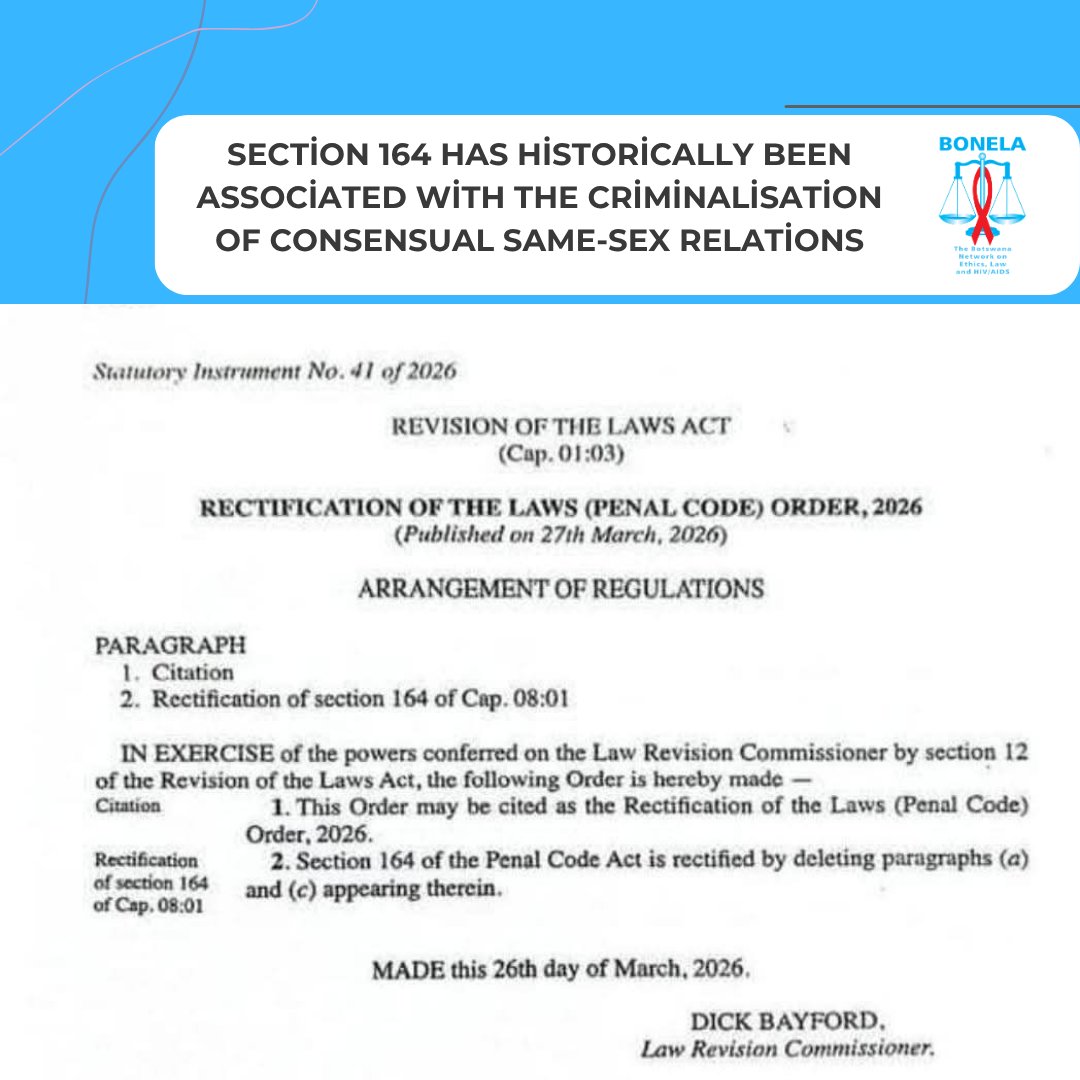 bonelaethics's tweet image. 𝐀𝐓𝐓𝐎𝐑𝐍𝐄𝐘 𝐆𝐄𝐍𝐄𝐑𝐀𝐋 𝐓𝐎 𝐃𝐄𝐋𝐄𝐓𝐄 𝐏𝐑𝐎𝐕𝐈𝐒𝐈𝐎𝐍𝐒 𝐎𝐅 𝐒𝐄𝐂𝐓𝐈𝐎𝐍 #𝟏𝟔𝟒 𝐎𝐅 𝐓𝐇𝐄 𝐏𝐄𝐍𝐀𝐋 𝐂𝐎𝐃𝐄 ||
The removal of such provisions could strengthen Botswana’s response to #HIV by fostering a more inclusive and accessible healthcare environment.