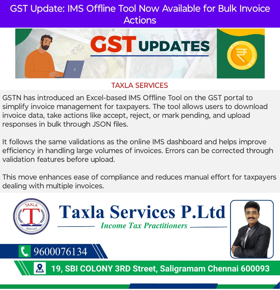 SivaAudit's tweet image. 📢 GST Update: IMS Offline Tool for Bulk Invoice Management

📞 Contact us today: +91 7305701454
📧 Email: auditsiva2@gmail.com
🌐 Website: taxlaservices.com

#GSTUpdate #GSTCompliance #InvoiceManagement #BusinessEfficiency #GSTIndia #TaxlaServices #BestAuditorInTamilnadu