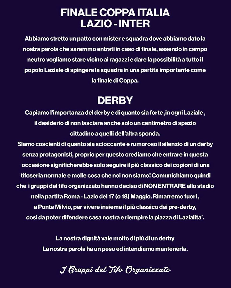 nobullshit48's tweet photo. Comunicato Ufficiale 
I Gruppi del Tifo Organizzato

#CurvaNord #UltrasLazio #MaledettiLaziali #SSLazio #NoBullshit https://t.co/HRzsOuq2Mf