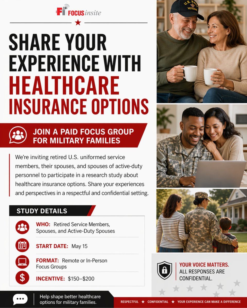 focusinsite's tweet image. Earn $150–$200 for 90 minutes 

If you have experience with health insurance related to uniformed services, you may qualify.

Application link: apply.focusinsite.com/s/26-138-Healt…

#PaidStudy #MarketResearch #HealthInsurance #FocusGroup #PaidOpportunity #RemoteStudy #USAMILITARY #USA