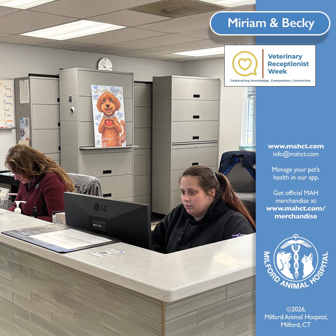 Day 4 of Veterinary Receptionist Week.

A little moment from the front desk with Becky and Miriam, doing what they do best. If you look closely, you will spot a card on the wall from the rest of our team, a small but meaningful way to show just how much appreciation they have.