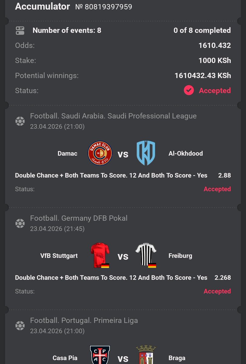 Tips_terminal's tweet image. 1000+ Odds Bombshell💣

Play here👇👇
db-bet.co/_BARNET254

Apk👇
db-bet.co/44NAQeC

Booking code: RYMCG

Promocode: Barnet254

#AFCON2025 #Helabet #1XBET #DBbet #SportyBet #Niger #Fansport #Sportpesa #Paripesa #Secretbet