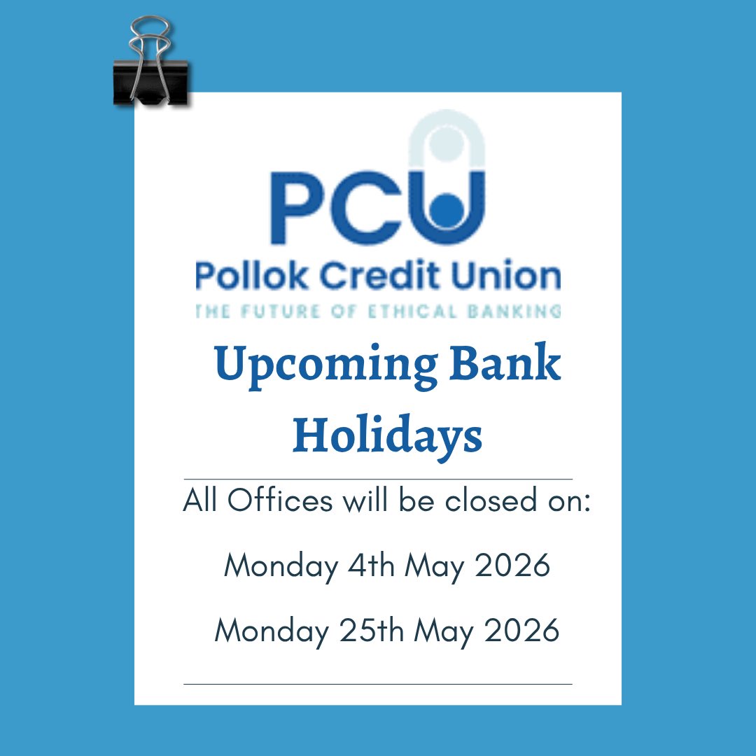 PollokCU's tweet photo. The May bank holidays are nearly here.

Here’s hoping they are full of sunshine ☀️! 

All of our offices and phone lines will be closed on Monday 4th May &amp; Monday 25th May ☺️ https://t.co/Fv5S5t5VGY