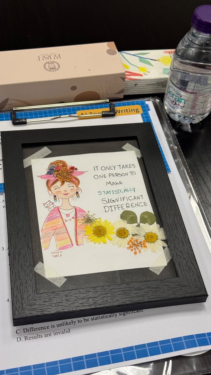 alsfaartist's tweet photo. Another successful presentation with my colleague Dr. Hayat about statistics 📊✨ I decided to add a splash of color to our class  by gifting everyone a small, custom-painted piece of my art. 🎨 #PhDJourney #AcademicCommunity" https://t.co/wn8Cmu854D