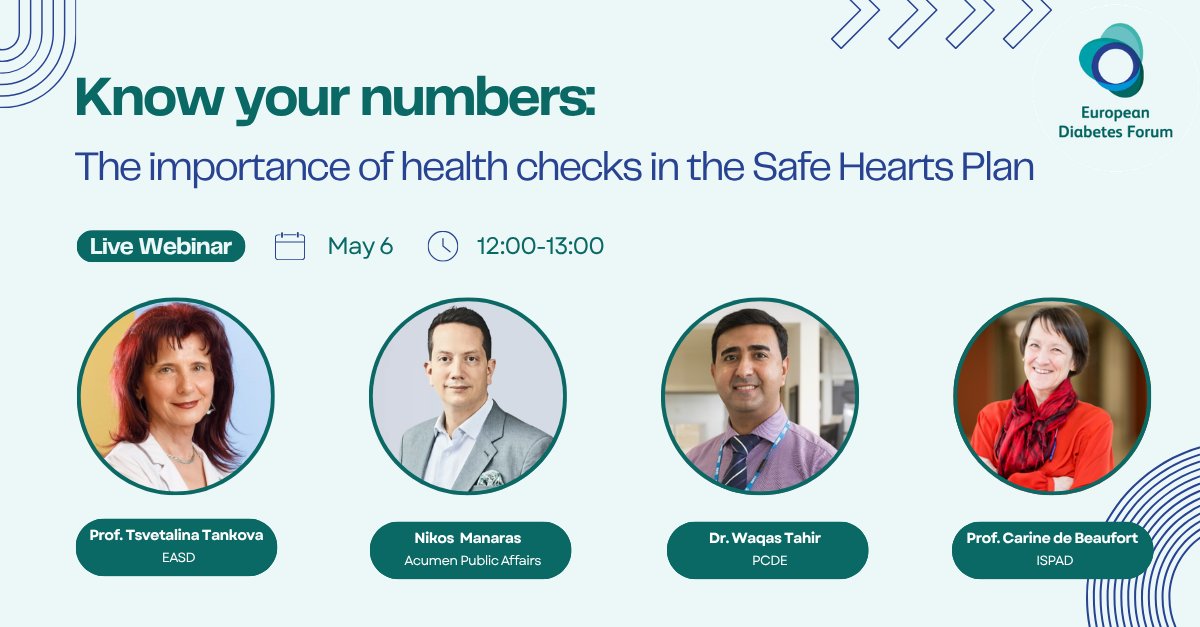 EUDiabetesForum's tweet photo. 🚨 Event reminder 🚨

Our second webinar on the EU Safe Hearts Plan is just around the corner - less than two weeks to go!

This session will focus on the upcoming EU Protocol on Health Checks, a flagship initiative set to launch by the end of 2026, aimed at strengthening early detection and improving outcomes in diabetes and cardiometabolic health.

Together, we’ll explore the vital role of early detection, progress towards a joint EU protocol for health check and why childhood screening matters more than ever

📅 Date: 6 May
⏰ Time: 12:00–13:00 CET
💻 Location: Online (Zoom)

👉 Registration here: https://t.co/bbgW0xVbAx