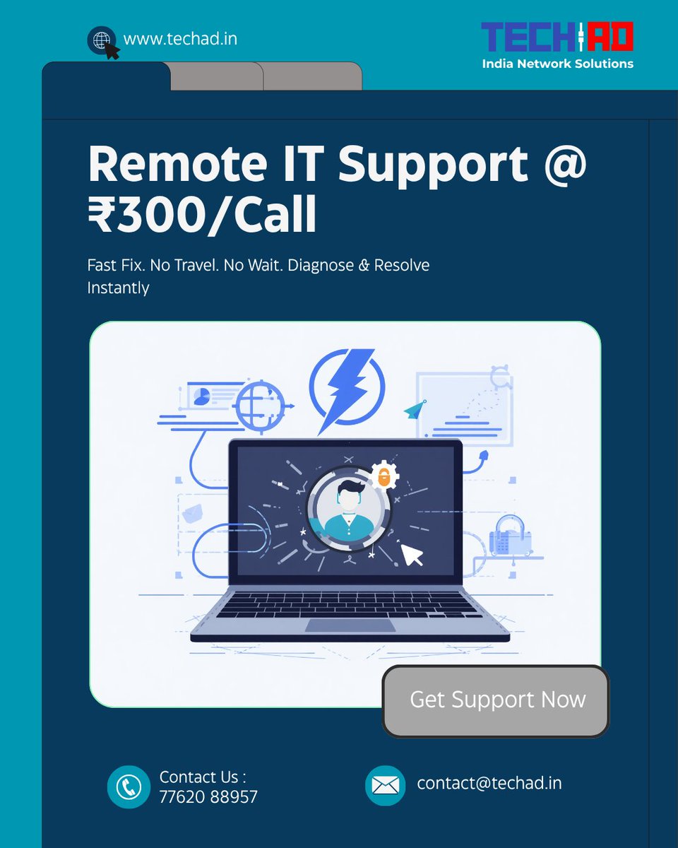 TechADIndia's tweet image. IT issue? Don't wait for a technician to travel.

Remote IT Support @ ₹300/Call by @TechADIndia

⚡ Fast Fix | No Travel | Instant Resolution

📞 77620 88957 | zurl.co/Ojmyp
#RemoteITSupport #ITServices #DelhiNCR #TechSupport #SmallBusiness