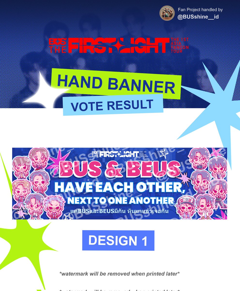 BUSshine__id's tweet photo. [📢] HANDBANNER RESULT IS OUT!!! 🚨🔥

Gila sih… votingnya bener-bener ketat banget!!

But now… IT’S TIME 👀
✨ THIS IS THE CHOSEN ONE ✨

Mari kita buat fancon nanti makin berkesan
SEE YOU AT JAKARTA!! 🚀💙

#BUS_THEFIRSTLIGHT
#BUS_The1stAsiaFanconTour 
#BUSbecauseofyouishine https://t.co/3jn09pjhfK