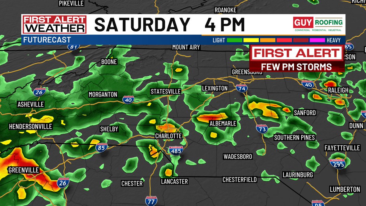 AlConklin's tweet image. A new First Alert is up for Saturday. A cool front will approach Saturday, prompting scattered showers &amp;amp; storms, mainly during the PM hours. The rain coverage may not be widespread or all that heavy, but could impact your outdoor plans. #CLT  #NCwx #SCwx #CLTwx