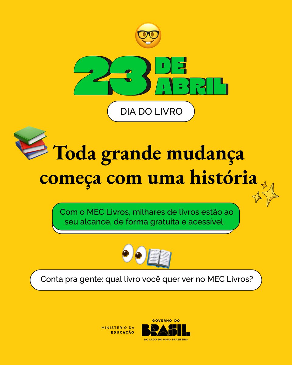 inep_oficial's tweet image. 23 de abril | Dia do Livro 📚

Cada livro abre portas para novos mundos e ideias. ✨

Com o MEC Livros, milhares de títulos gratuitos aproximam o conhecimento de todos.

Acesse: meclivros.mec.gov.br 📲

#DiaDoLivro #Leitura #Educação #ME