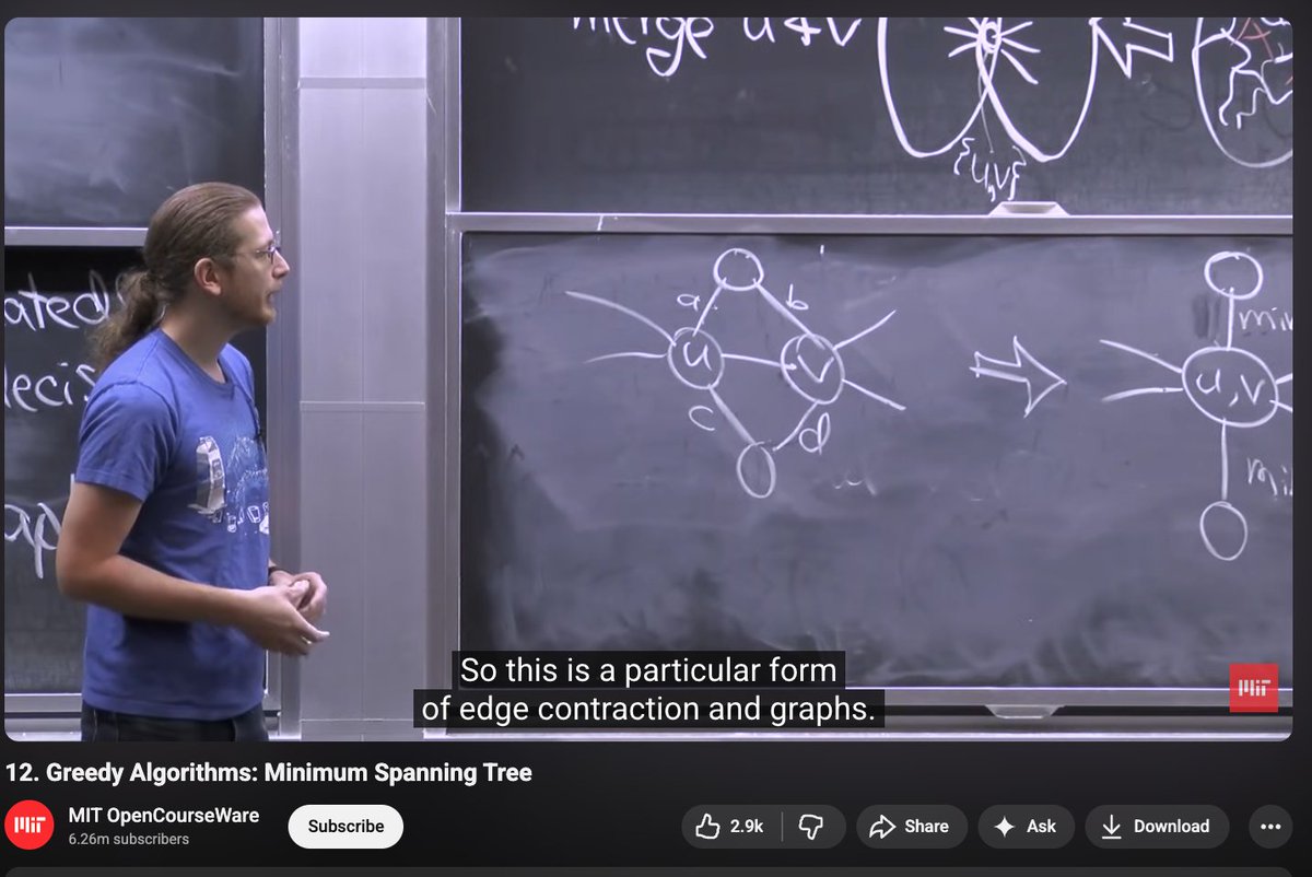 Priyansh_31Dec's tweet photo. Highly recommend checking out this lecture to understand why Kruskal's algorithm actually works. It is a very neat proof that I didn't find anywhere else. https://t.co/edegBt2j0k