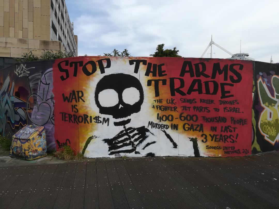 "Stop the Arms Trade, War is Terrorism"
Mural seen in Cardiff, Wales
