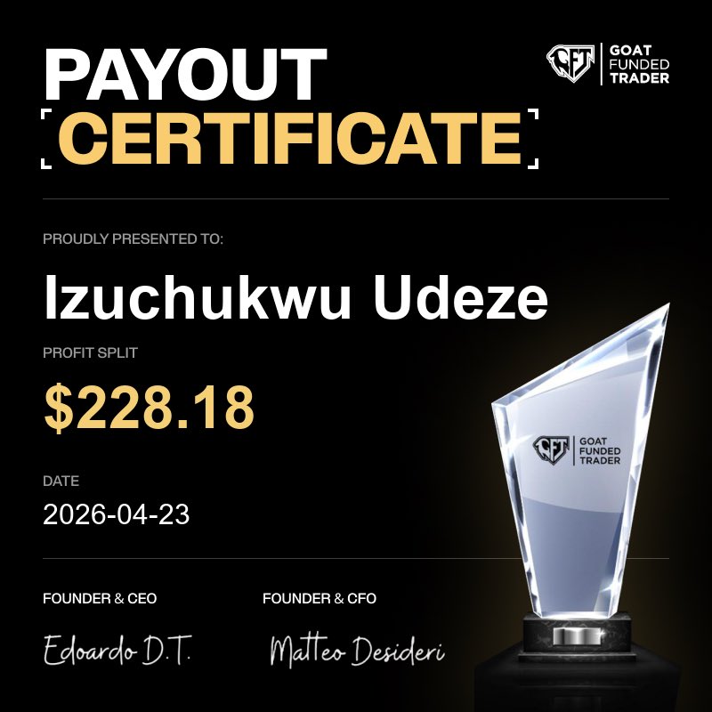 chartbyson's tweet image. All Glory to God, I didn’t just get funded, I’m getting my very first payout after 2yrs and 11 months of learning this amazing skill. Cheers 🥂 to my first payout and the 1st of many.

#goatfunded #whatyoubeholdyoubecome
#process 
#fxng