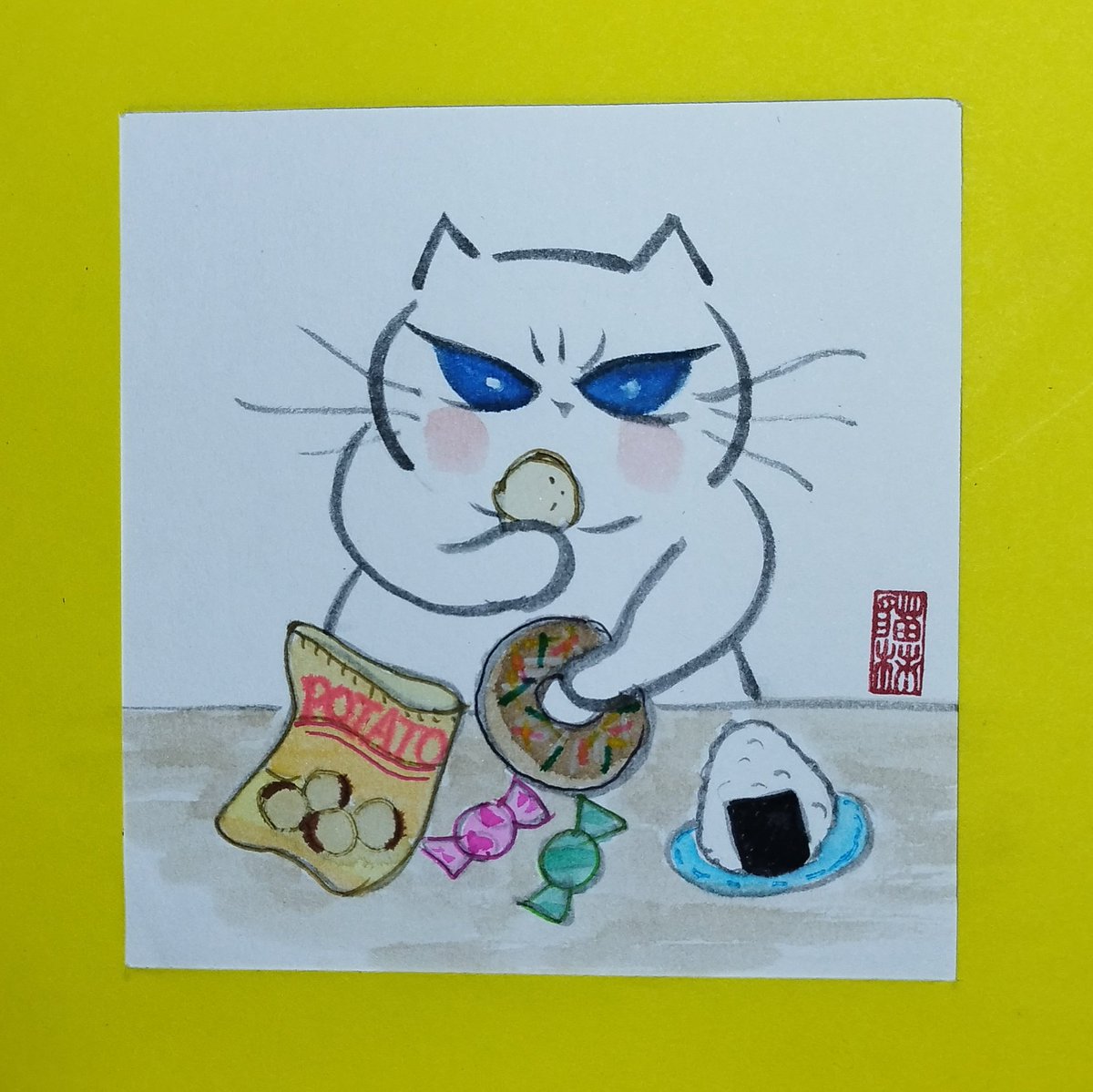 もうええ…やっぱ食べる/今日の猫
 #アナログ  #筆ペン等  #イラスト
 #猫  #ねこ  #cat