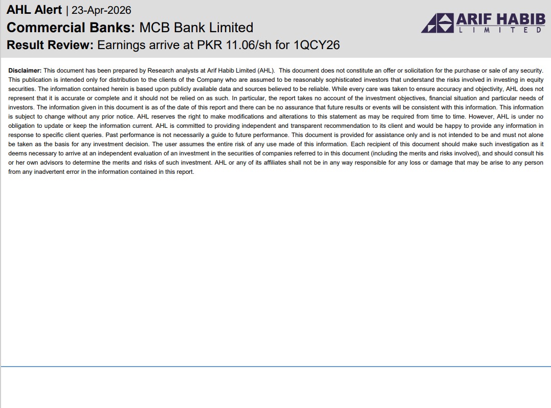 ArifHabibLtd's tweet image. AHL Alert - MCB Earnings arrive at PKR 11.06/sh for 1QCY26

#KSE100 #PSX #Equities #Pakistan #MCB