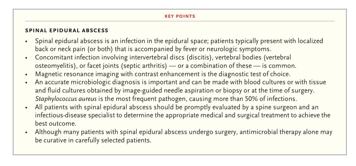 TakaMatsuo_ID's tweet photo. 【Spinal Epidural Abscess】@NEJM Apr 22, 2026

My mentor @MDTande @MayoClinicINFD and team has published epidural abscess in NEJM!

Very useful Figures/Tables!
👉Please check it out!

https://t.co/umw8Ry4SnJ

#IDMedEd #IDFellow #OrthoID #Keyarticle https://t.co/PNozlqRBJF