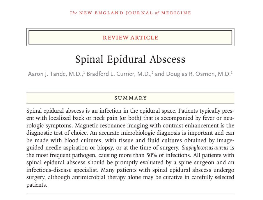 TakaMatsuo_ID's tweet photo. 【Spinal Epidural Abscess】@NEJM Apr 22, 2026

My mentor @MDTande @MayoClinicINFD and team has published epidural abscess in NEJM!

Very useful Figures/Tables!
👉Please check it out!

https://t.co/umw8Ry4SnJ

#IDMedEd #IDFellow #OrthoID #Keyarticle https://t.co/PNozlqRBJF