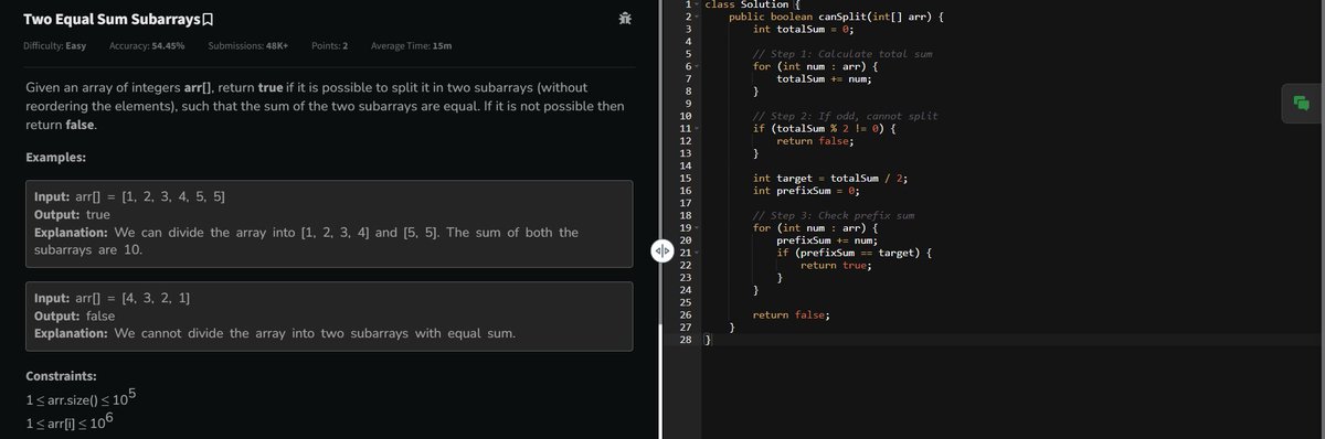CHHATRAPATI09's tweet image. 59/60 – #geekstreak60

Solved Two Equal Sum Subarrays using Prefix Sum + Sliding Window Logic

Time – O(N) | Space O(1)

Just 1 day to go

#prefixsum #slidingwindow #Arrays

@syntaxsquad30
@gfg_sstc
@NPCI_NPCI