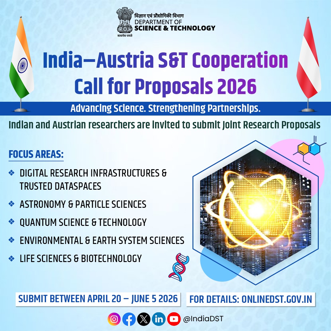 IndiaDST's tweet photo. 📢 @IndiaDST invites proposals for Indo-Austrian joint research projects across key emerging areas.

🔹 Quantum Technologies
🔹 Digital & Data-driven Research
🔹 Environment & Earth Systems
🔹 Biotechnology & Life Sciences

🗓️ Deadline: June 5, 2026

🔗 Details: https://t.co/EI95ITXCGO
@DrJitendraSingh @karandi65 @IndiainAustria @AustriainIndia @DBTIndia @CSIR_IND @moesgoi