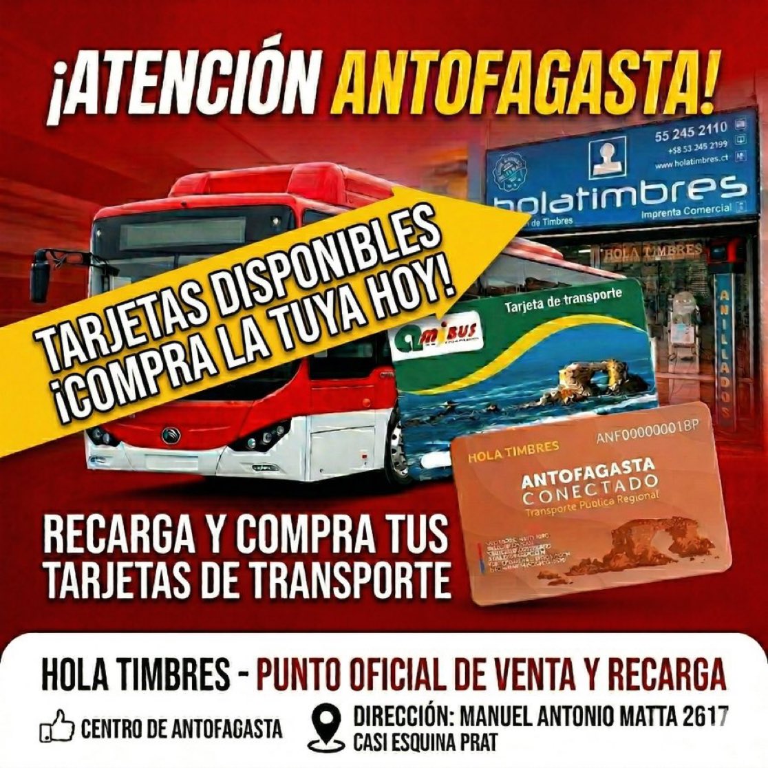 🔴🔴🔴 ¡HAN LLEGADO! Volvemos a contar con stock de tarjetas para transporte en nuestra tienda Hola Timbres. Ven a comprar la tuya antes de que se agoten!

📍 Manuel Antonio Matta 2617, casi esquina Prat
⏰ Lunes a viernes de 9:30 a 18:30

#Antofagasta