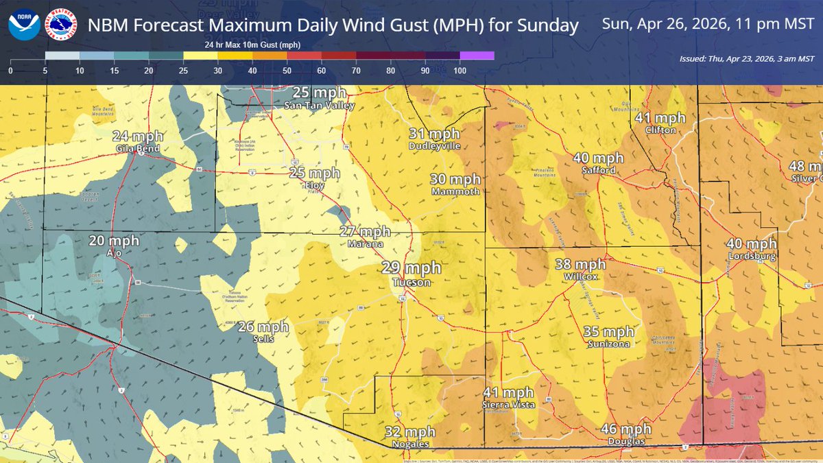 NWSTucson's tweet image. 🌵🌬️🤠Hold onto those hats this weekend!

A weather system tracking to the north this weekend will provide SE Arizona w/ windy conditions. Expect SWLY wind 20-25 mph w/G40 mph on SAT, and WLY winds 20-25 mph w/G45 mph E of #Tucson SUN. Areas of blowing dust will be possible #azwx