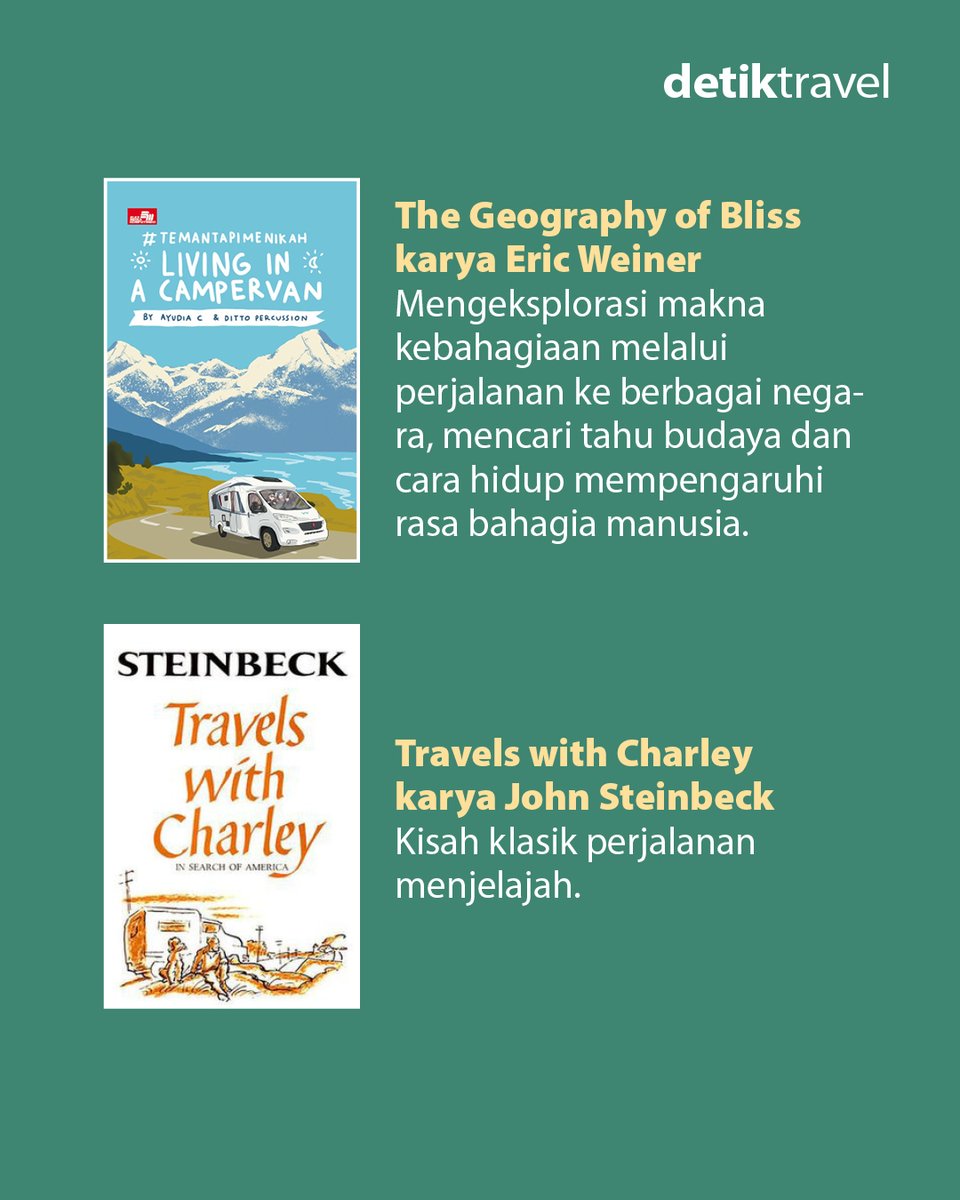 detikTravel's tweet photo. Mulai dari yang ringan & lucu, kisah perjalanan inspiratif, sampai novel santai buat nemenin waktu di pesawat atau kereta. 👀
Karena buku yang tepat bisa bikin perjalanan kamu terasa lebih hidup, bahkan lebih berkesan. 🌍
#detiktravel #HariBukuSedunia #TravelingTips #BookLovers https://t.co/bwO8xoJa83