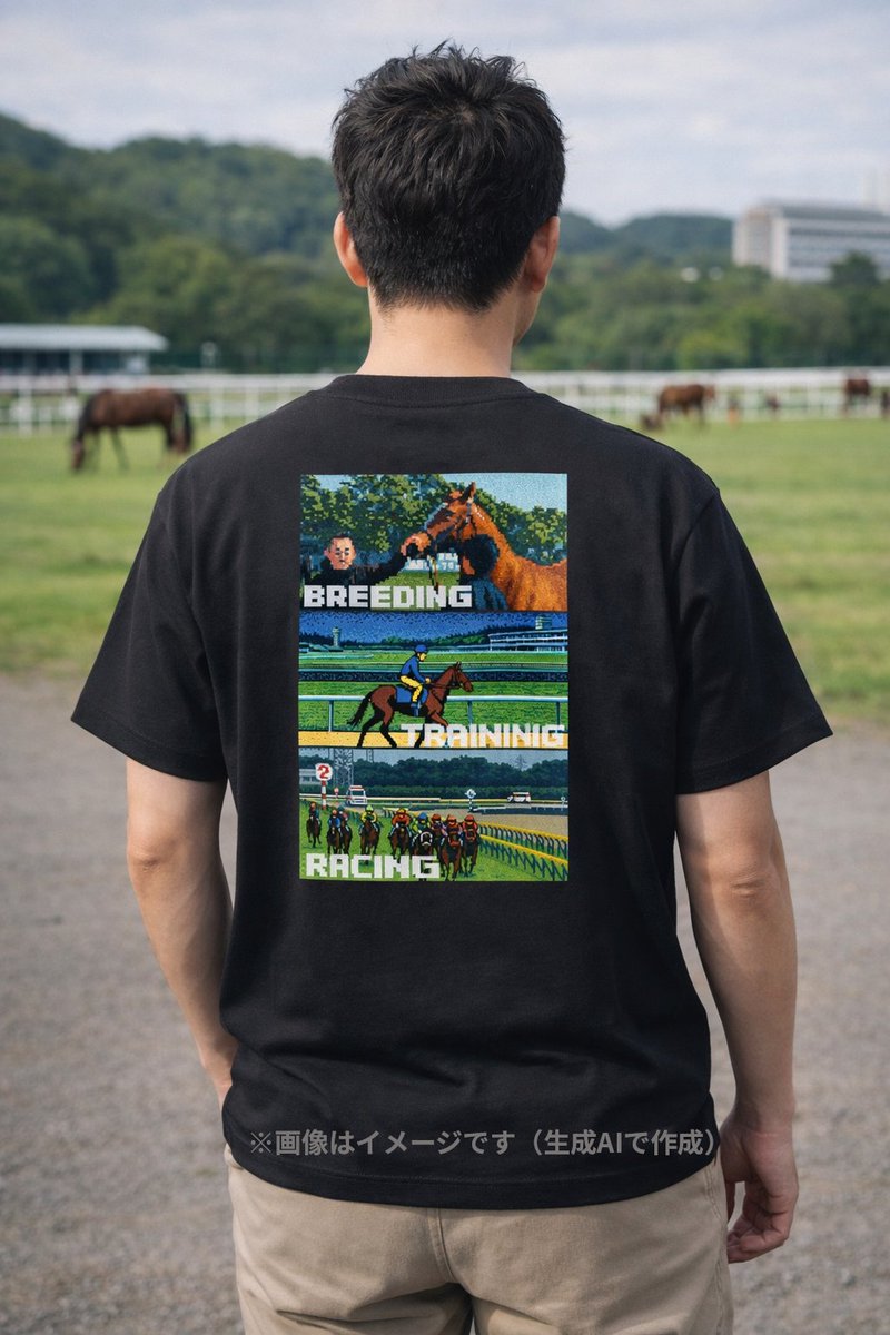 MEIBAHAUS's tweet photo. 競走馬のストーリーをドット絵で。

「THE MAKING OF A RACER」
BREEDING / TRAINING / RACING
バックプリントで魅せる、PIXEL RACECOURSEの1枚。

競馬ファンにも、ゲームカルチャー好きにも。
ブラックボディで日常使いしやすく仕上げました。

#MEIBAHAUS #競馬Tシャツ #ピクセルアート https://t.co/jRVOfXVc39