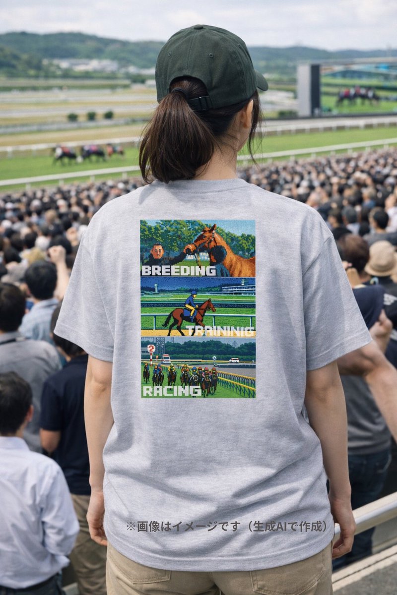 MEIBAHAUS's tweet photo. 競走馬のストーリーをドット絵で。

「THE MAKING OF A RACER」
BREEDING / TRAINING / RACING
バックプリントで魅せる、PIXEL RACECOURSEの1枚。

競馬ファンにも、ゲームカルチャー好きにも。
ブラックボディで日常使いしやすく仕上げました。

#MEIBAHAUS #競馬Tシャツ #ピクセルアート https://t.co/jRVOfXVc39