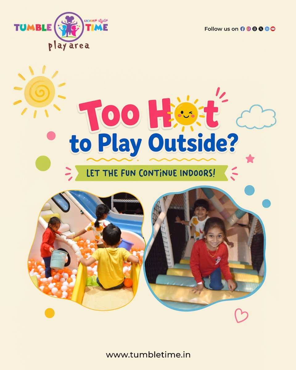 tumbletimeplay's tweet image. This summer, skip the heat and step into a world of fun at Tumble Time! 🌈
A safe, cool, and exciting indoor space where kids can play, explore, and stay active all day long.

📞 Call: +91 97314 19229

#tumbletime #indoorplay #summerfun #kidsactivities #beattheheat #playindoors