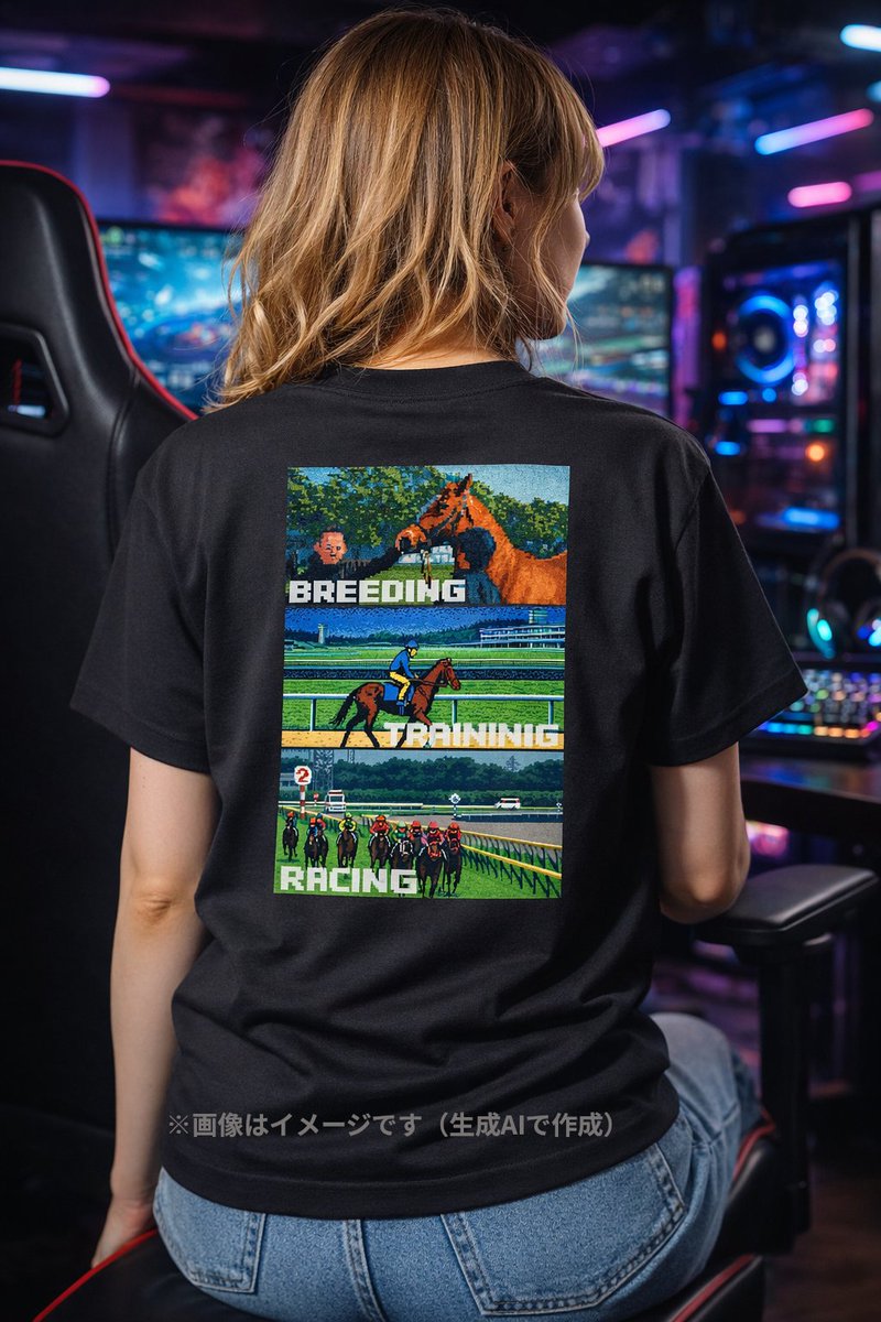 MEIBAHAUS's tweet photo. 競走馬のストーリーをドット絵で。

「THE MAKING OF A RACER」
BREEDING / TRAINING / RACING
バックプリントで魅せる、PIXEL RACECOURSEの1枚。

競馬ファンにも、ゲームカルチャー好きにも。
ブラックボディで日常使いしやすく仕上げました。

#MEIBAHAUS #競馬Tシャツ #ピクセルアート https://t.co/jRVOfXVc39