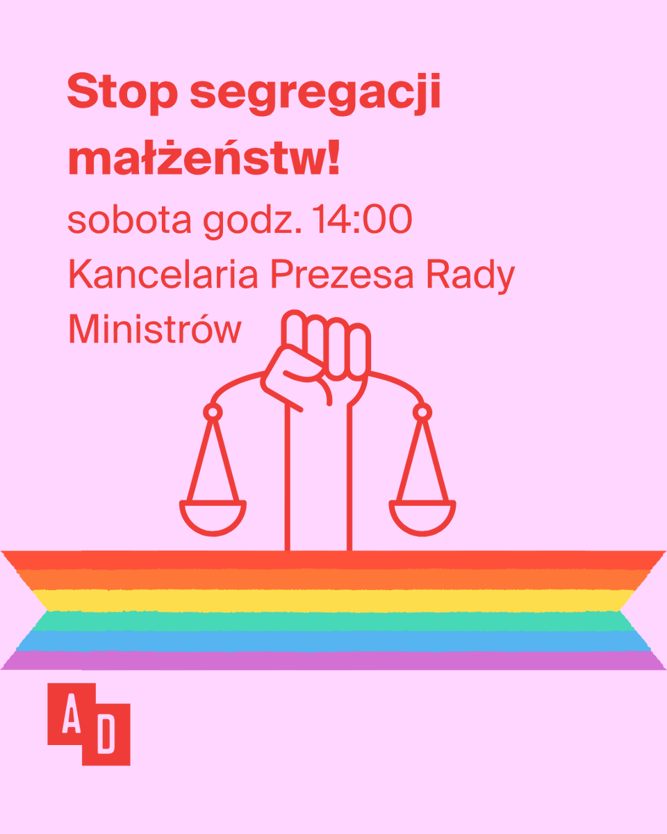 Przyjdź na protest, podczas którego zażądamy realizacji wyroku TSUE ws. transkrypcji małżeństw zawartych za granicą.
KIEDY: Sobota, 25 kwietnia, godz. 14:00
GDZIE: Warszawa, pod KPRM (Al. Ujazdowskie 1/3)
CEL: Przełamanie blokady MSWiA i realizacja wyroku TSUE.

Mimo jasnych