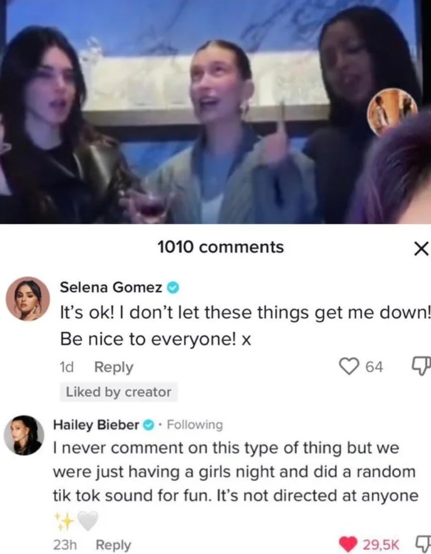 Selena gomez was the one to start it and made sure Hailey gets the hate, you could never make me like her